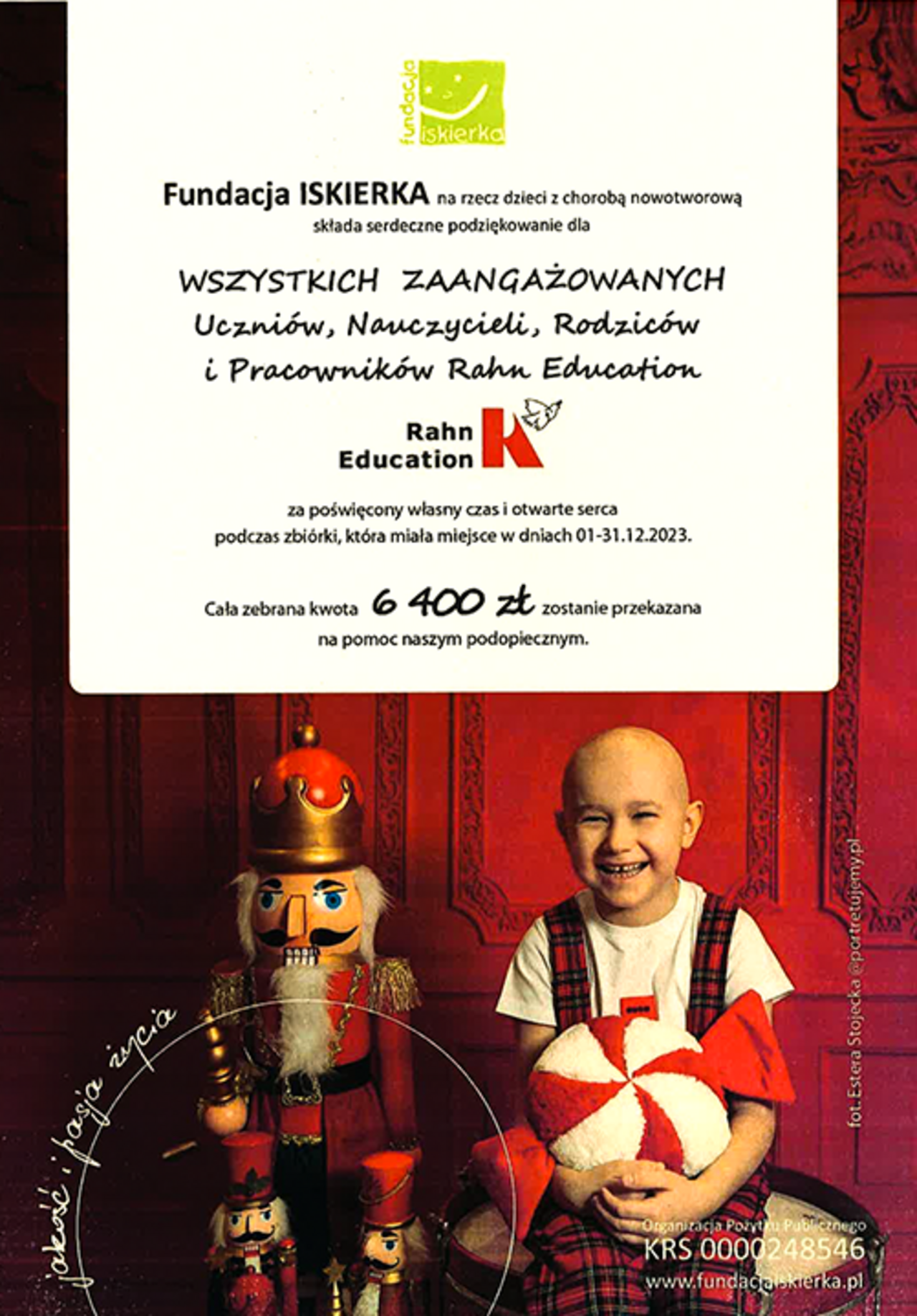 Spendenbescheinigung über 1463€ von der Stiftung Iskerka in Warschau